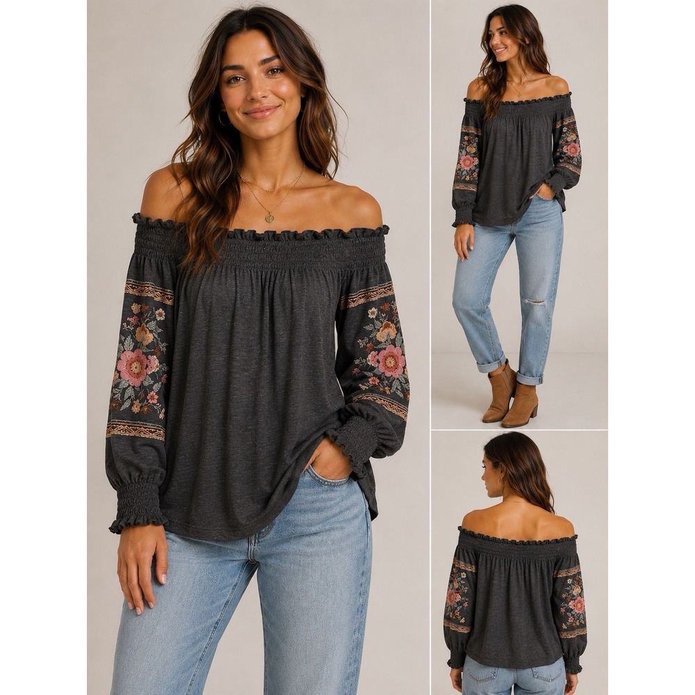 American Eagle Embroidered Floral Boho Off Shoulder Peasant Top Size Small